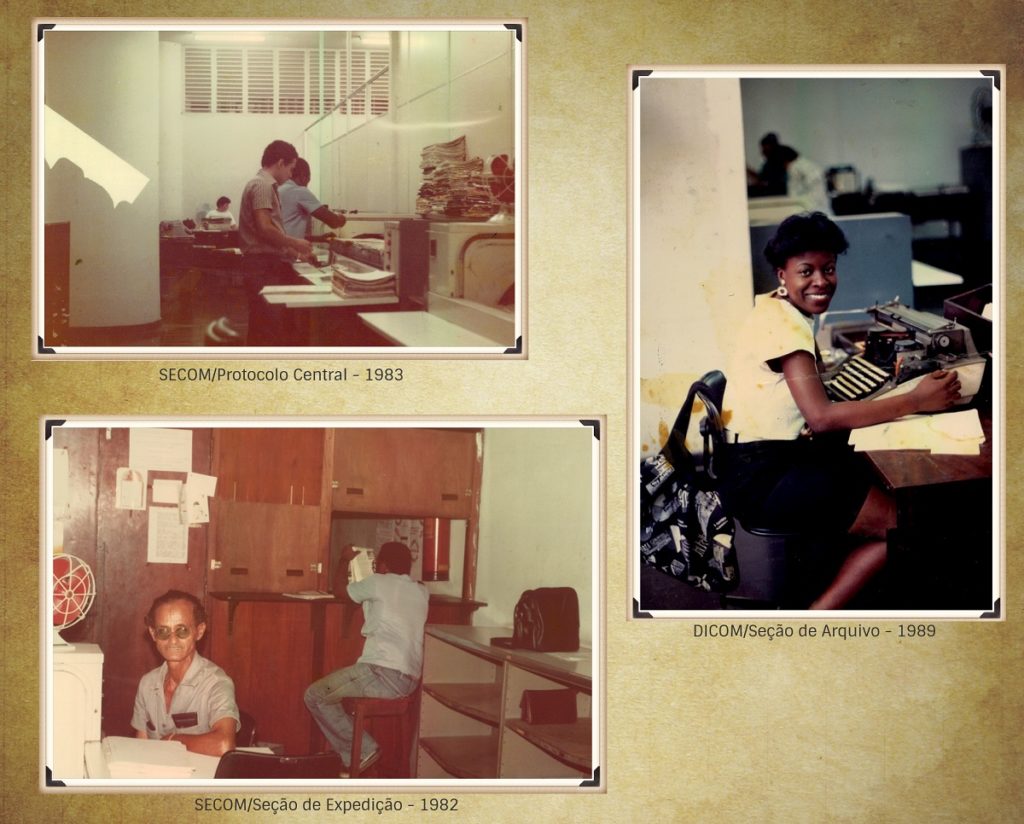 Montagem histórica com três fotos de servidores em setores da DGDI na década de 1980.
Foto acima: O Protocolo Central em 1983;
Foto abaixo: A Seção de Expedição em 1982; e 
Foto à direita:  A Seção de Arquivo em 1989. 